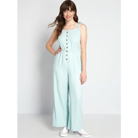 NWT ModCloth Every Waking Momentum Jumpsuit Linen blend light bluegreen size S - Picture 9 of 10